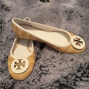 Tory Burch Basketweave Flats with White Trim